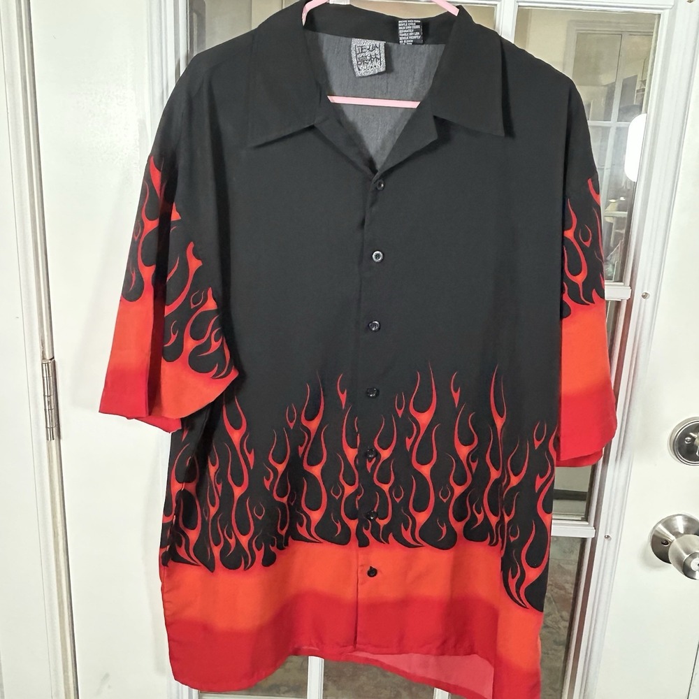 Authentic Shaolin Vintage Y2K Flame Print Camp Collar Button Up‎ Shirt XL - Picture 3 of 11